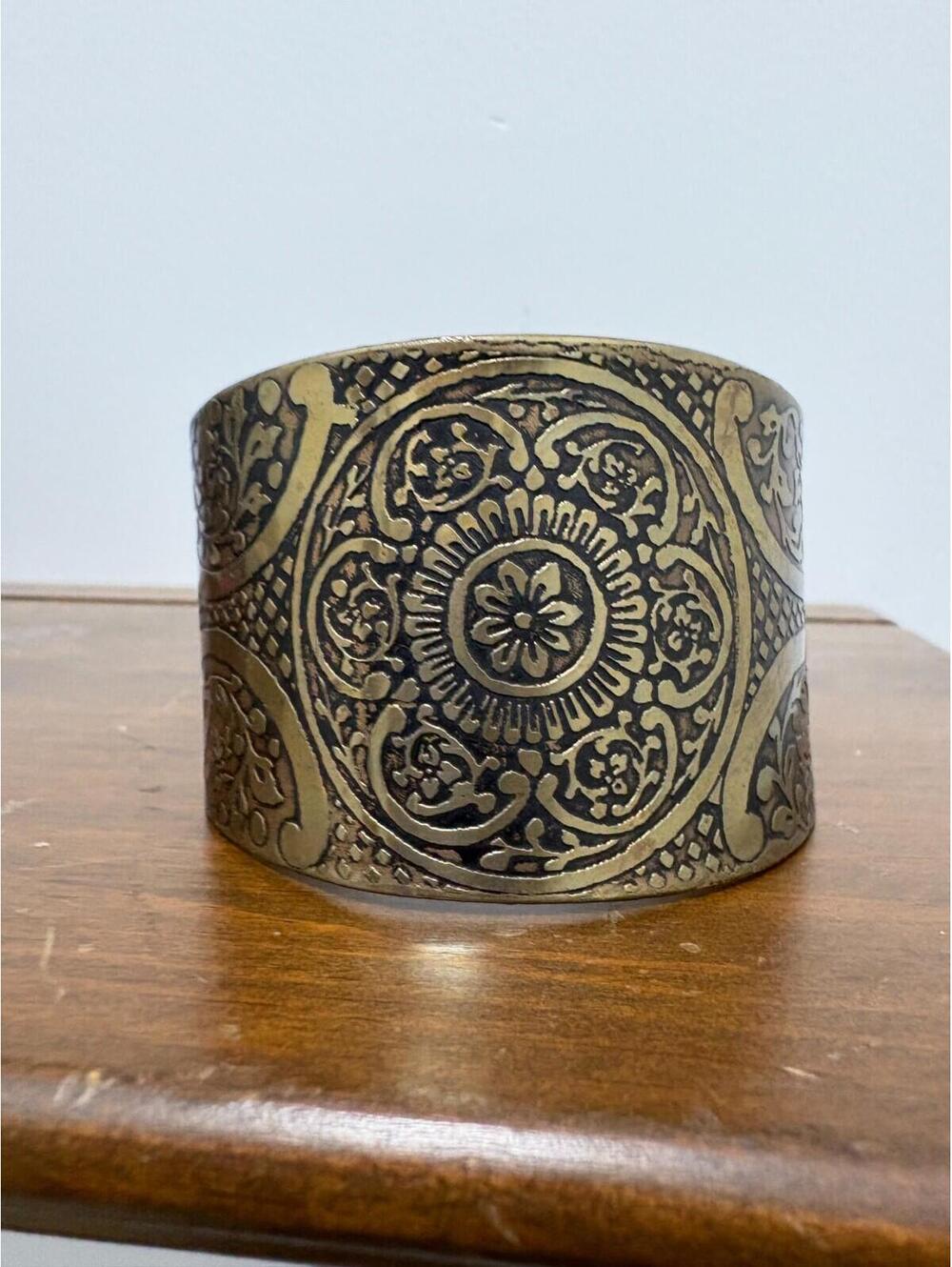 Wide Brass Cuff Bracelet Embossed Etched Floral Boho Vintage Style Adjustable